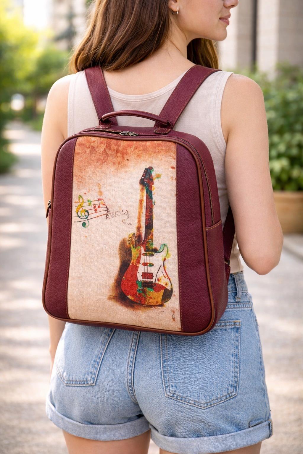 Unisex Çok Yönlü Gitar Desenli Günlük Sırt ve Omuz Çantası görsel 2