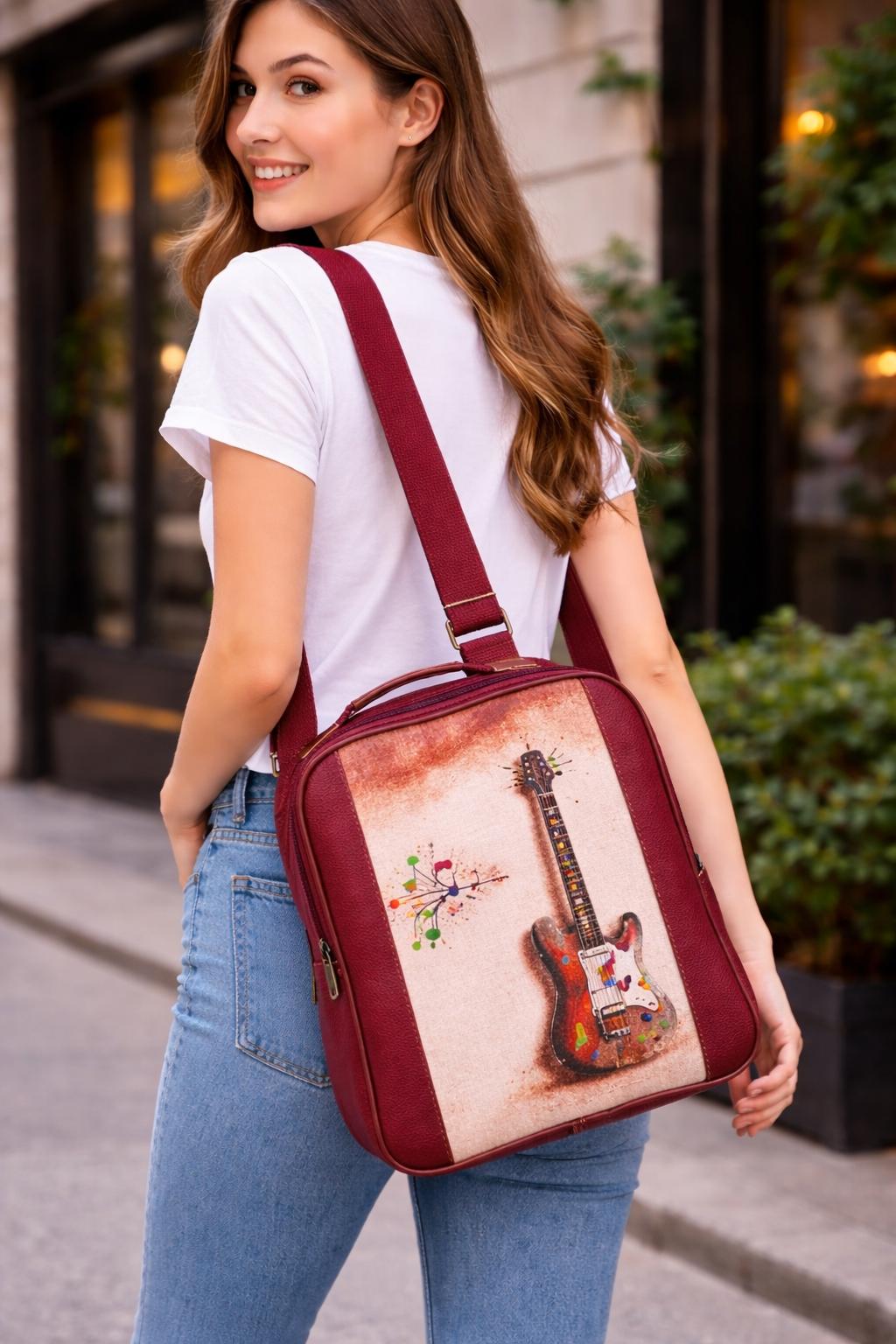 Unisex Çok Yönlü Gitar Desenli Günlük Sırt ve Omuz Çantası